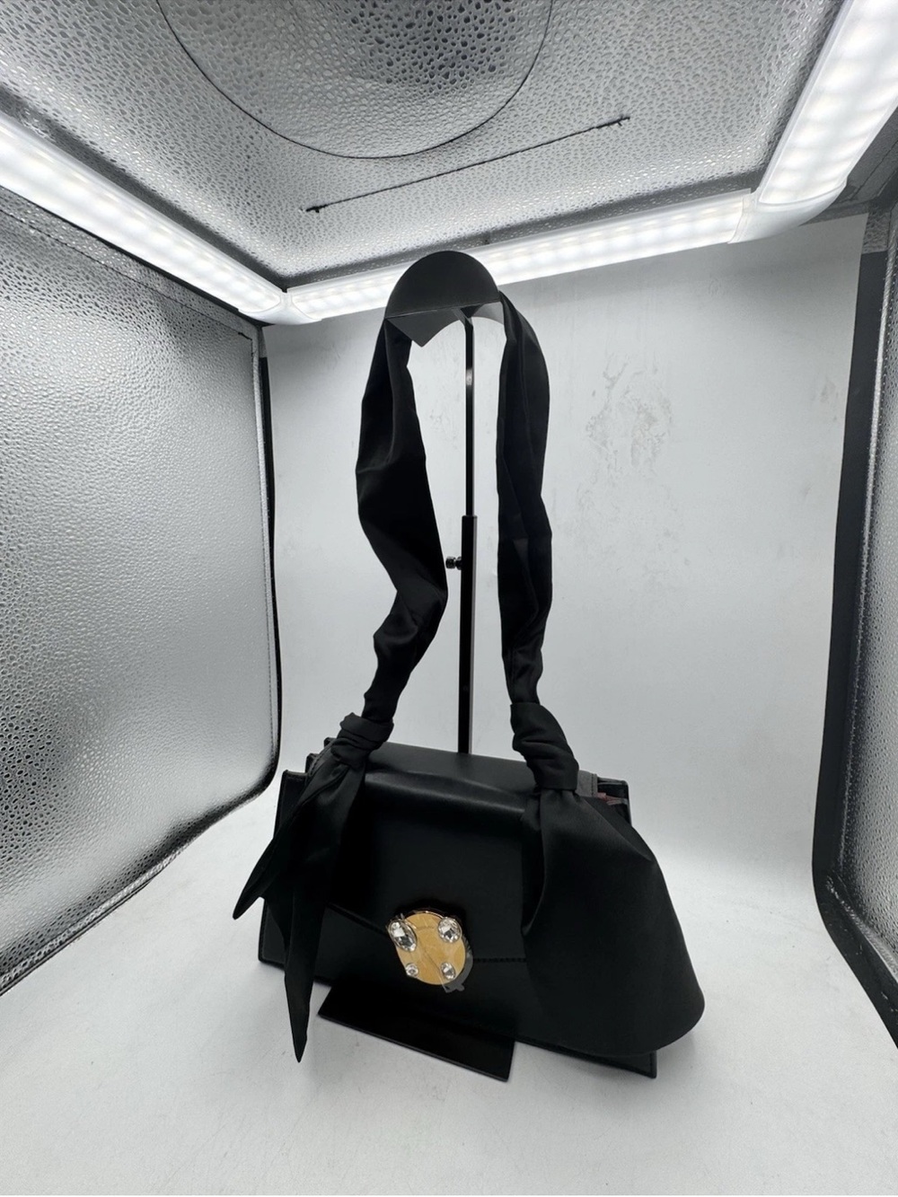 Charles & Keith Black Shoulder Bag with Gold Heart Clasp and Scarf Strap